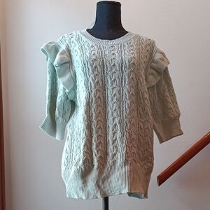 Mint Green Crew Neck Sweater with Ruffled Sleeves